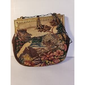 Antique Tapestry Bag/Purse Garden With Bird Scene